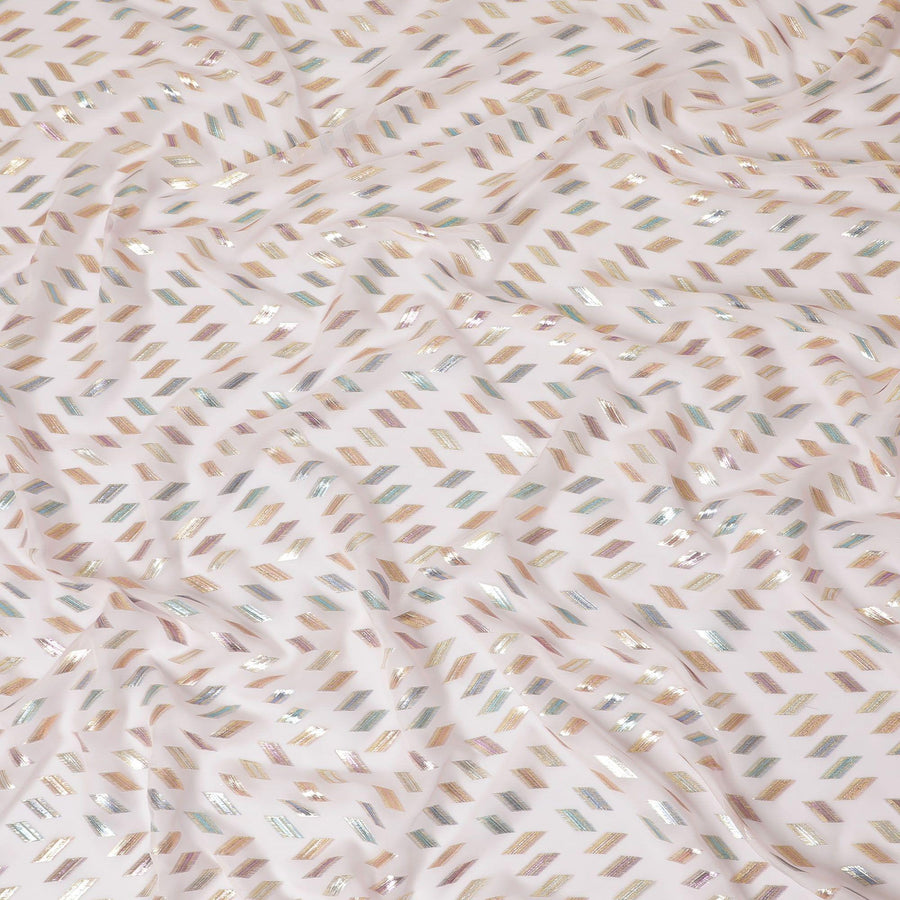 قماش شيفون من الحرير الخالص باللون الوردي الفاتح مع لوريكس معدني متعدد الألوان بتصميم هندسي -D13135
