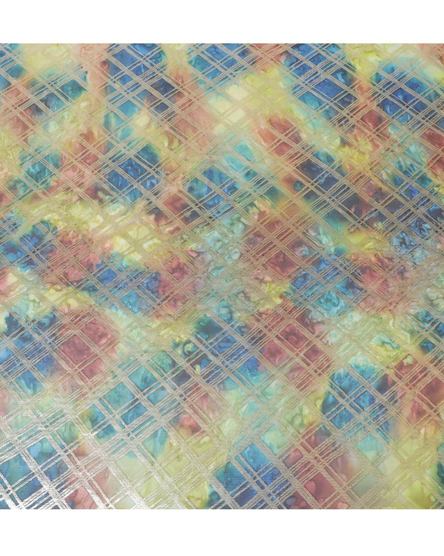 قماش شيفون من الحرير الخالص متعدد الألوان مع لوريكس معدني ذهبي بتصميم مربعات -D11413