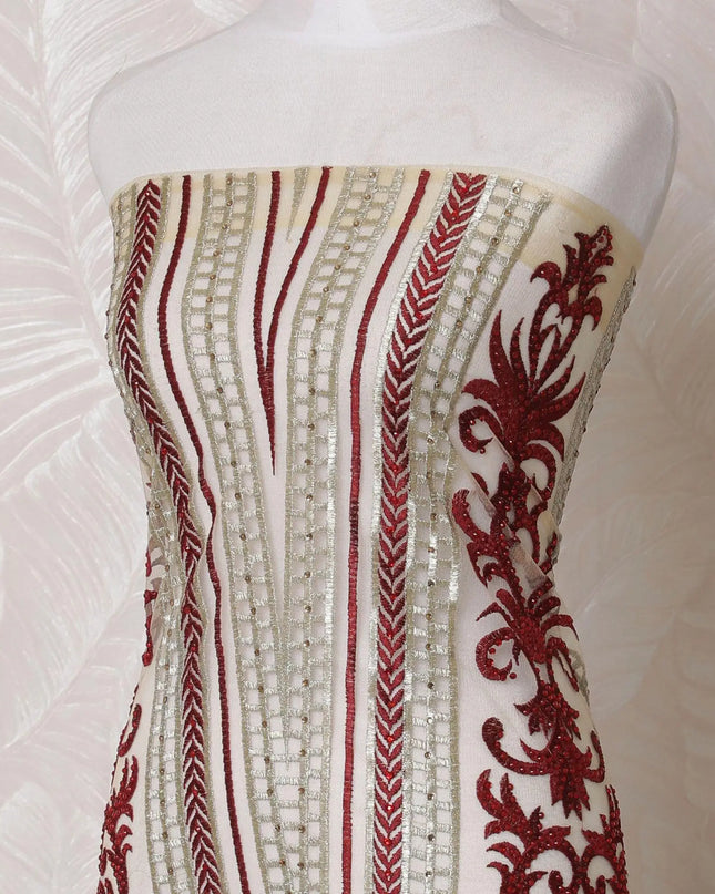 Gold nylon tulle fabric with same tone, crimson red embroidery having stone work in fancy design-D14767 Regal Fabrics