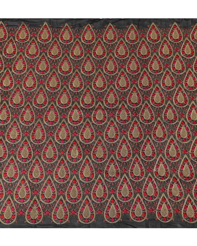 Black synthetic chiffon fabric with multicolor embroidery in fancy design-D12495