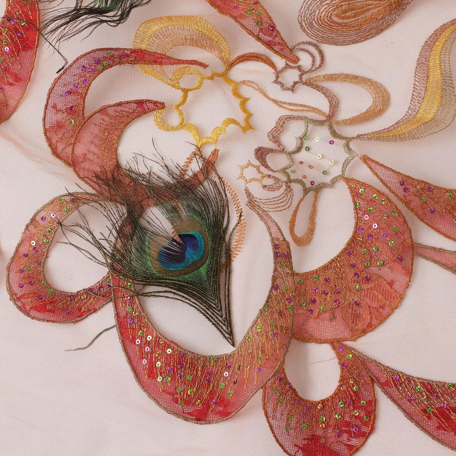 قماش تول نايلون برتقالي مع تطريز متعدد الألوان وترتر متعدد الألوان بتصميم تجريدي