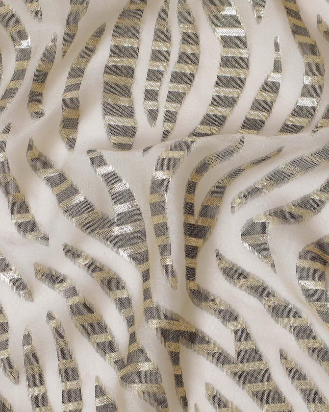 Beige Premium pure French (Fransawi) silk chiffon fabric with black viscose and gold metallic lurex in fancy design-D14310