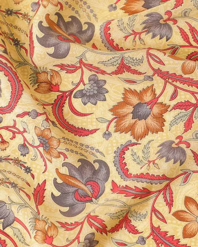 Flax yellow pure silk crepe fabric with multicolor print in floral design-D8114 Regal Fabrics
