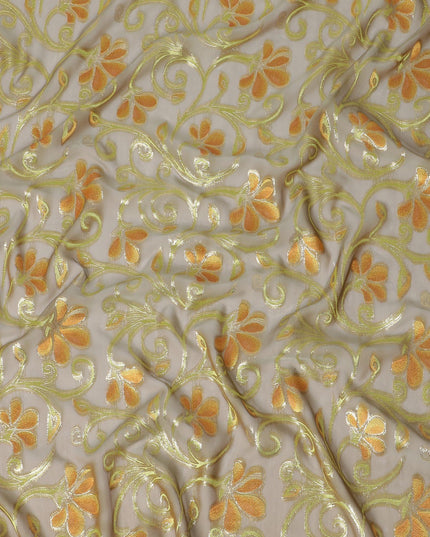 قماش شيفون حريري نقي فاخر بلون رمادي سيون مع فيسكوز أزرق وأخضر غامق مع لوريكس معدني ذهبي بتصميم زهور -D14645