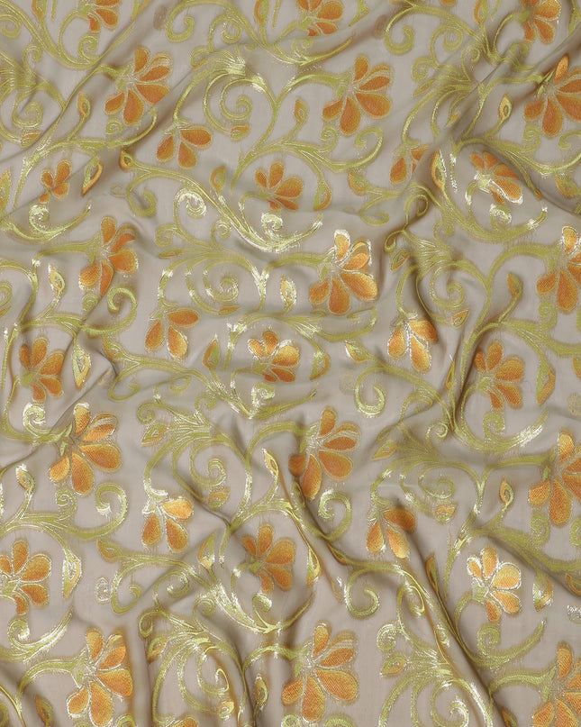 قماش شيفون حريري نقي فاخر بلون رمادي سيون مع فيسكوز أزرق وأخضر غامق مع لوريكس معدني ذهبي بتصميم زهور -D14645