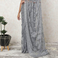 Grey, Silver Premium French metallic lace saree in floral design-D10910
