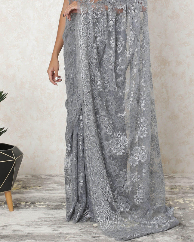 Grey, Silver Premium French metallic lace saree in floral design-D10910