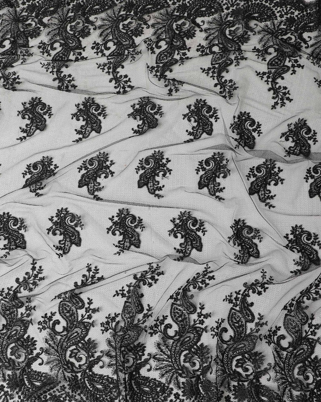 Black nylon tulle fabric with same tone embroidery in fancy design-D6041