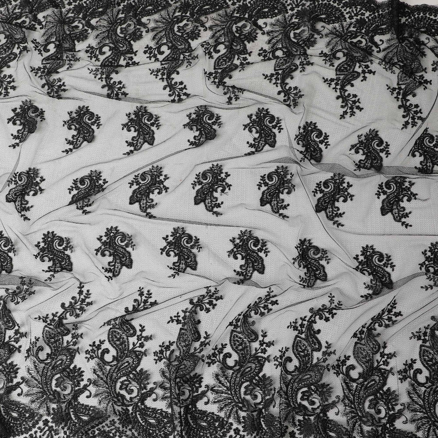 Black nylon tulle fabric with same tone embroidery in fancy design-D6041