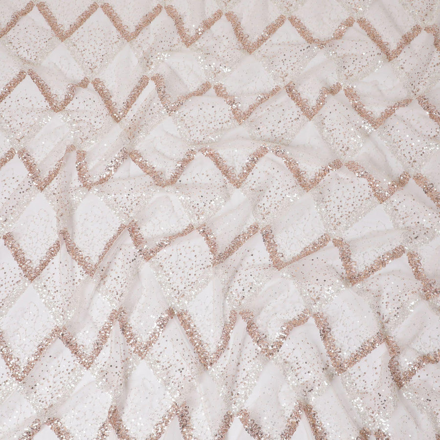 Light peach nylon tulle fabric with same tone, copper sequins having same tone bead work in geometric design-D13794 Regal Fabrics