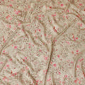 Latte beige viscose fabric with olive green and baby pink print having gold laminated stone work in floral design-D9267