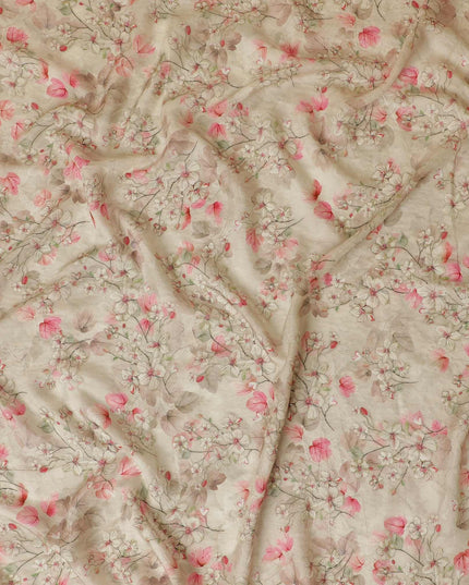 Latte beige viscose fabric with olive green and baby pink print having gold laminated stone work in floral design-D9267