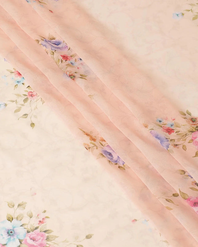 Salmon peach synthetic chiffon fabric with multicolor print having silver metallic lurex in floral design-D9747 Regal Fabrics