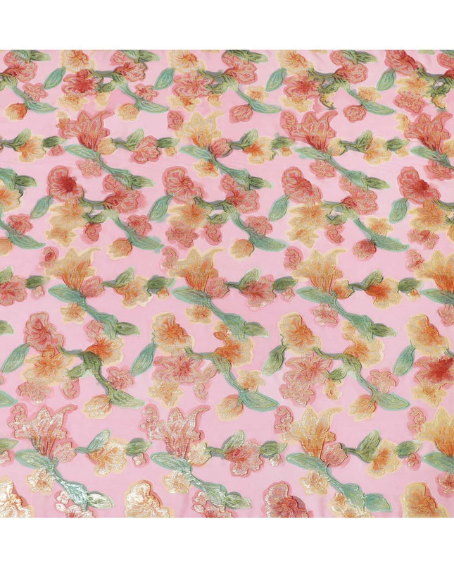 قماش شيفون حريري نقي فاخر باللون الوردي الوردي مع طباعة يدوية متعددة الألوان ولوريكس معدني بتصميم زهور-D10429