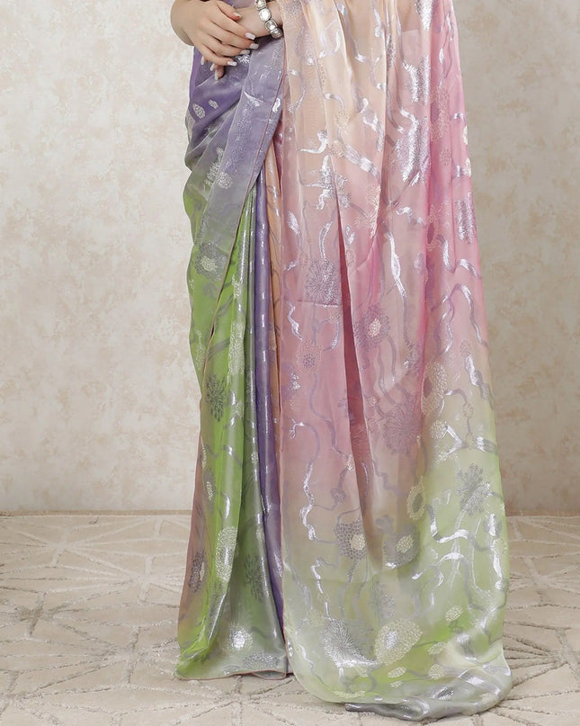 Pastel green, Lavender , peach Premium French silk chiffon saree with beige viscose and same tone metallic lurex in floral design-D10206 Regal Fabrics