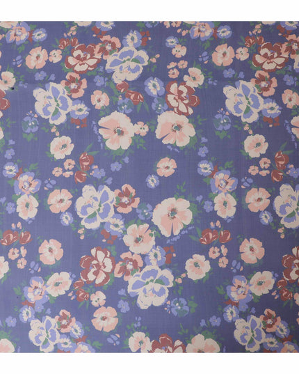 قماش شيفون من الحرير الخالص باللون الأزرق الملكي مع طباعة متعددة الألوان بتصميم الأزهار-D13229
