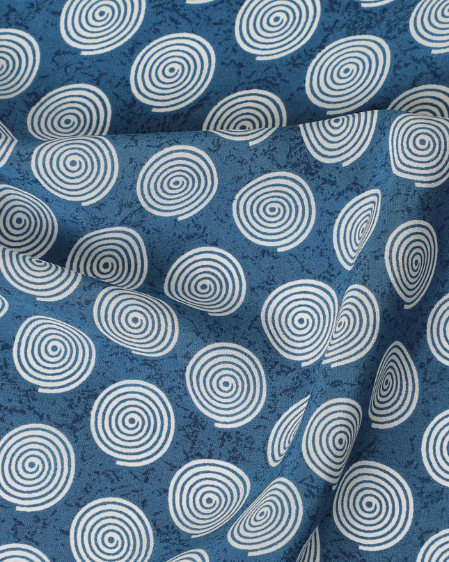 Olympic blue premium pure silk crepe fabric with white print in abstract design-D12077 Regal Fabrics