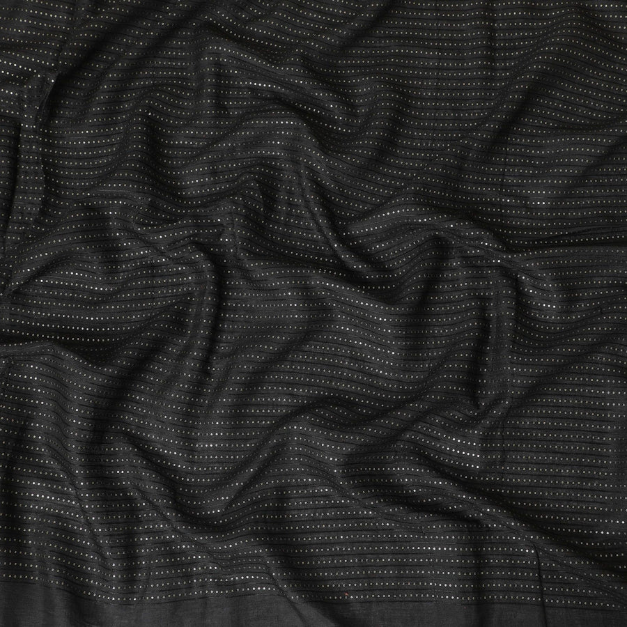 قماش حرير توسار مخلوط صناعي أسود مع تطريز بنفس اللون مع ترتر بتصميم مخطط-D13674