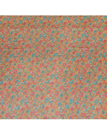 قماش كريب من الحرير الخالص باللون الأصفر الخردلي مع طباعة باللون الأحمر والأخضر الغار والأزرق الفيروزي بتصميم الأزهار-D8183