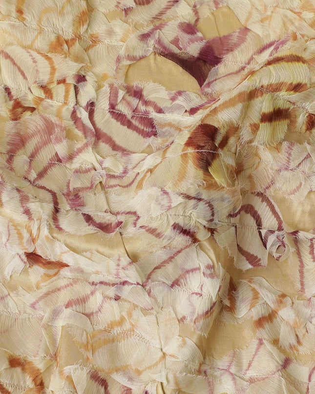 Gold synthetic chiffon fabric with beige and cerise pink fancy embroidery in stripe design-D11763 Regal Fabrics