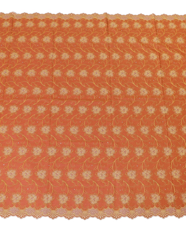 Rusty orange Premium pure 100% Swiss cotton voile (Sudanese Thobe) fabric with mustard yellow and gold embroidery having stone work in floral design-D13564 Regal Fabrics