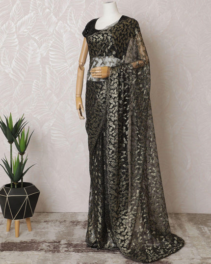 Black, gold Premium pure French metallic chantilly lace saree in butterfly design-D15545