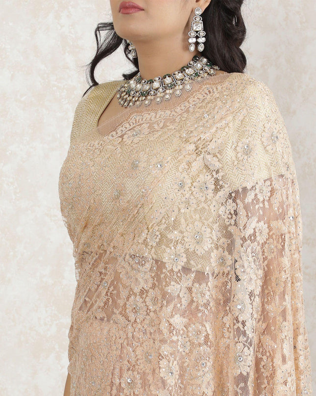 Light peach, Gold Premium pure metallic French chantilly saree lace having stone work in floral design-D13485