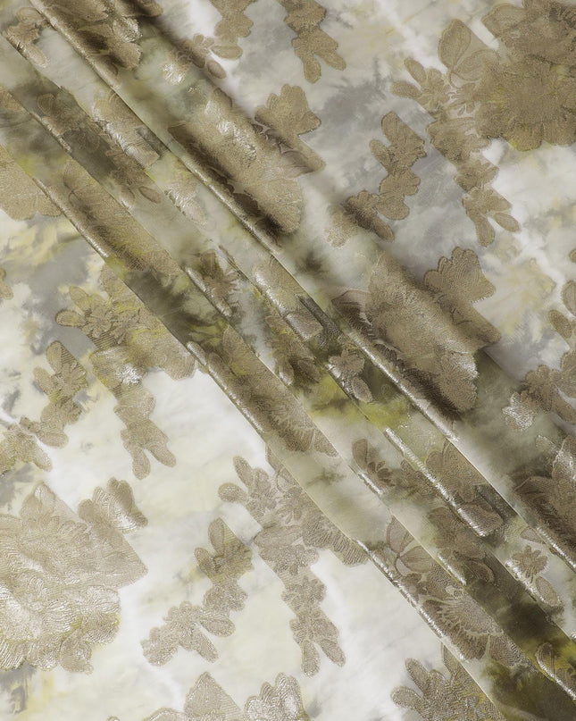 قماش شيفون حريري فرنسي (فرنساوي) فاخر باللون الأخضر الزيتوني والبيج مع لوركس معدني ذهبي بتصميم زهور -D14119