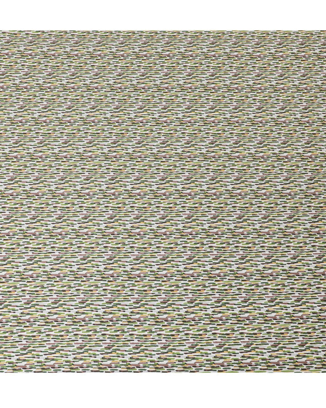 Off white cotton lawn fabric with lime green, pale brown and green print in fancy design-D15228