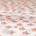 Light pink premium pure silk crepe fabric with orange, grey and sage green print in floral design-D9403