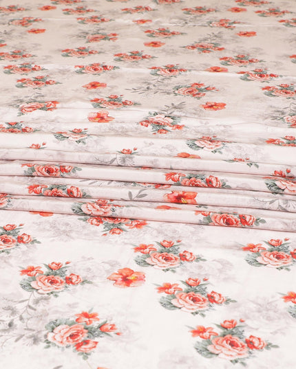 Light pink premium pure silk crepe fabric with orange, grey and sage green print in floral design-D9403