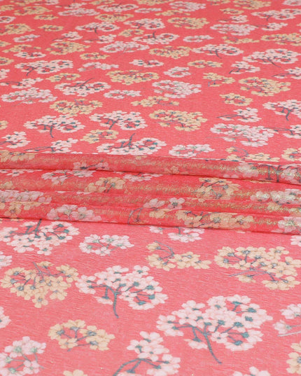 قماش شيفون من الحرير الخالص باللون الأحمر القرمزي مع طباعة متعددة الألوان مع لوريكس معدني أخضر نيون بتصميم الأزهار-D8986