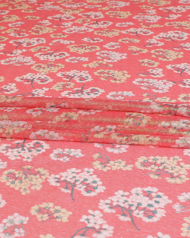 قماش شيفون من الحرير الخالص باللون الأحمر القرمزي مع طباعة متعددة الألوان مع لوريكس معدني أخضر نيون بتصميم الأزهار-D8986