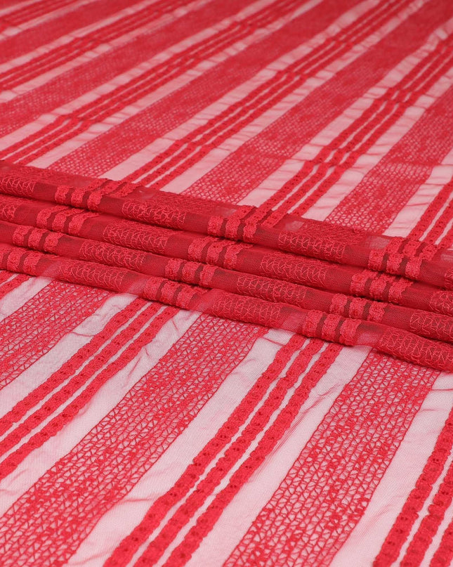 Scarlet red nylon tulle fabric with same tone embroidery and sequins in stripe design-D6670 Regal Fabrics