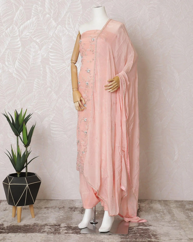 Salmon peach silk crepe kameez with same tone, vista blue embroidery, bead work and sequin work in floral design. Salmon peach plain salwar with chiffon dupatta having with same tone embroidery and bead work-D15531 Regal Fabrics