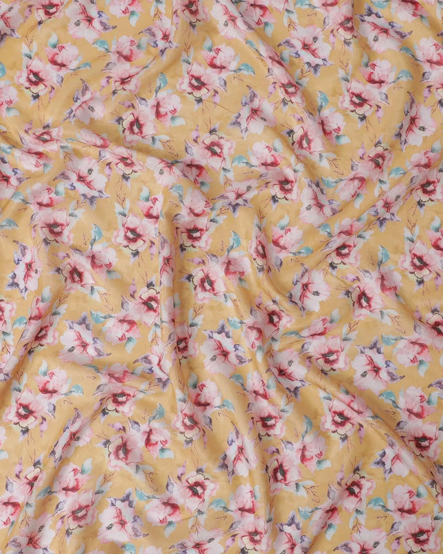 Mustard yellow blended viscose fabric with multicolor print in floral design-D13313 Regal Fabrics