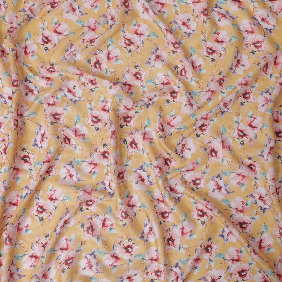 Mustard yellow blended viscose fabric with multicolor print in floral design-D13313 Regal Fabrics