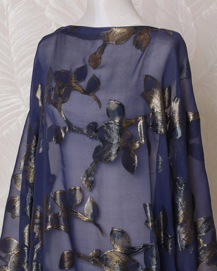 Navy blue Premium pure silk chiffon dirac fabric with gold metallic lurex in floral design-D15604 Regal Fabrics