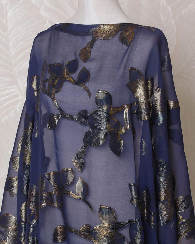 Navy blue Premium pure silk chiffon dirac fabric with gold metallic lurex in floral design-D15604 Regal Fabrics