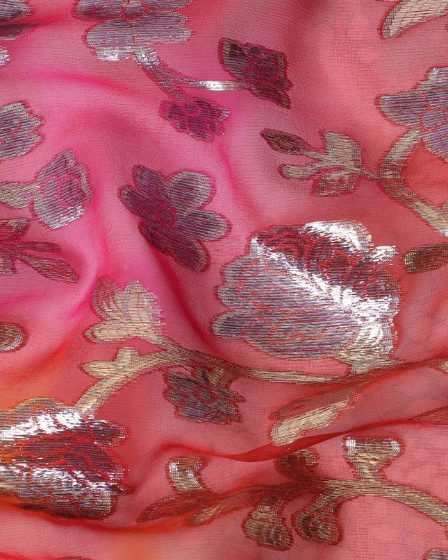 قماش الشيفون الحريري الخالص الفاخر باللون الأحمر القرمزي مع اللوريكس المعدني الذهبي بتصميم الأزهار -D12539