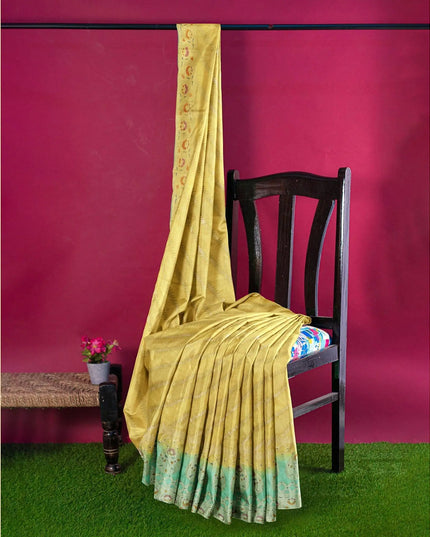 Gold to turquoise green imitation silk saree with multicolor print having gold jacquard in floral design-12783 Regal Fabrics