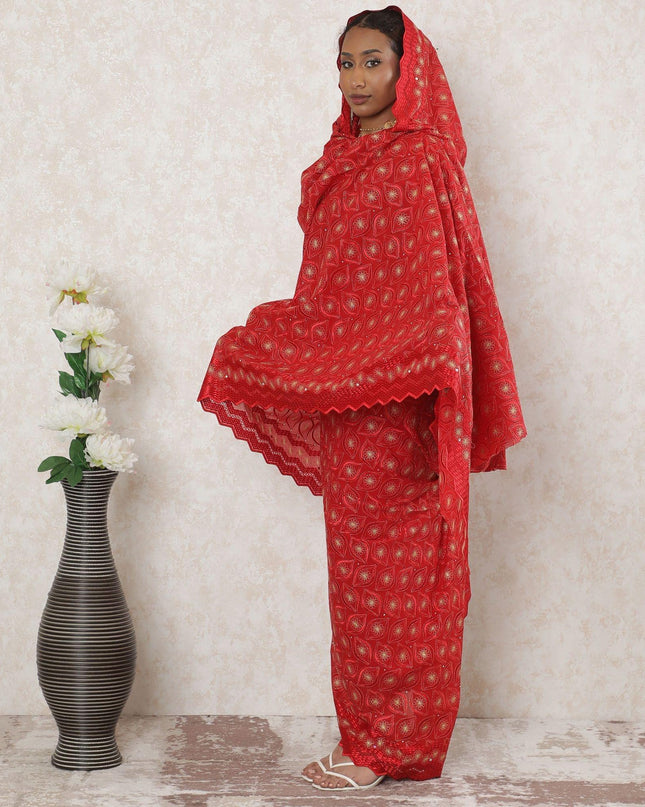 Blood red Premium pure Swiss cotton voile thobe with same tone and gold embroidery having stone work in floral design-D14345