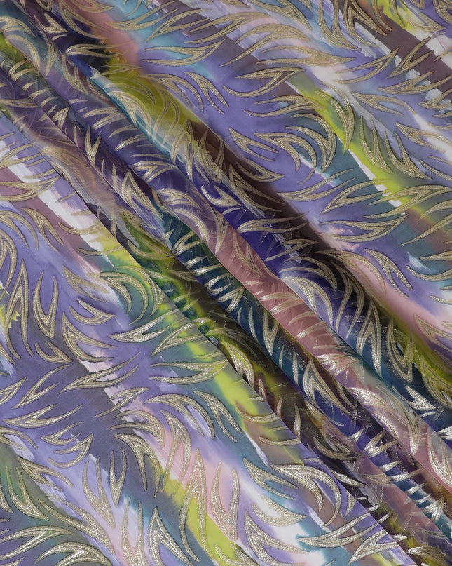 قماش شيفون من الحرير الخالص متعدد الألوان مع لوريكس معدني ذهبي بتصميم تجريدي-D14074