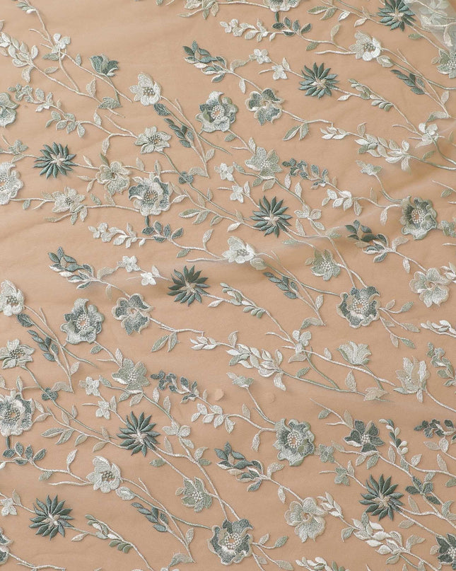 Tea green Premium wedding nylon tulle fabric with same tone, sage green, beige embroidery in floral design-D7918 Regal Fabrics