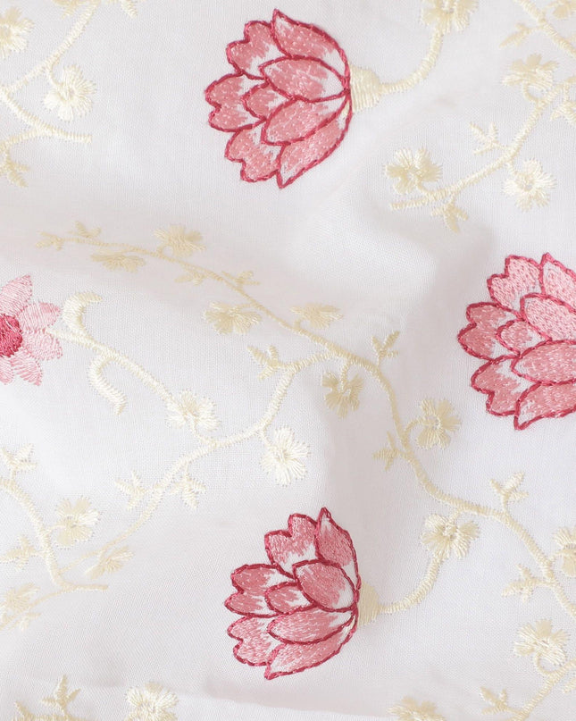 Off white cotton voile fabric with beige and baby pink embroidery in floral design-D11939