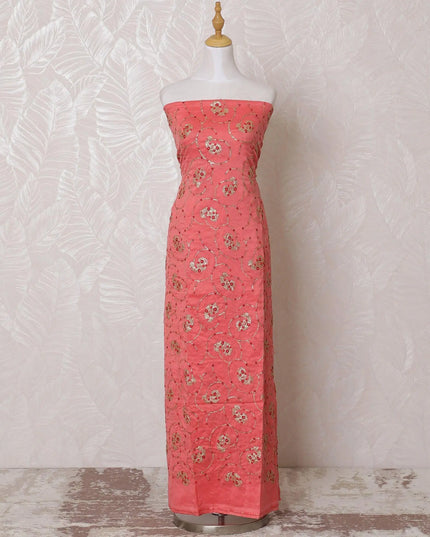 Royal peach blended cotton lawn fabric with gold and red embroidery in fancy design-D15083 Regal Fabrics