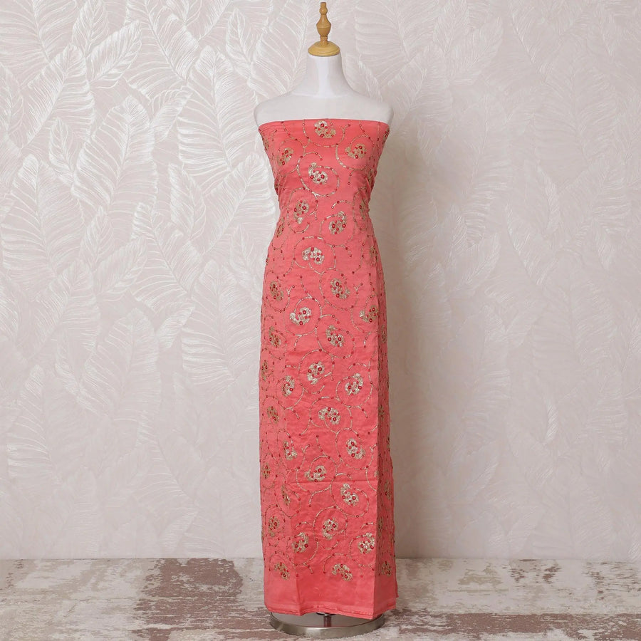 Royal peach blended cotton lawn fabric with gold and red embroidery in fancy design-D15083 Regal Fabrics