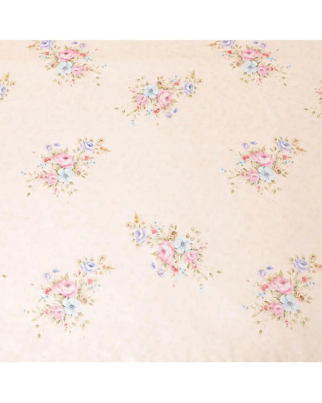 Salmon peach synthetic chiffon fabric with multicolor print having silver metallic lurex in floral design-D9747 Regal Fabrics