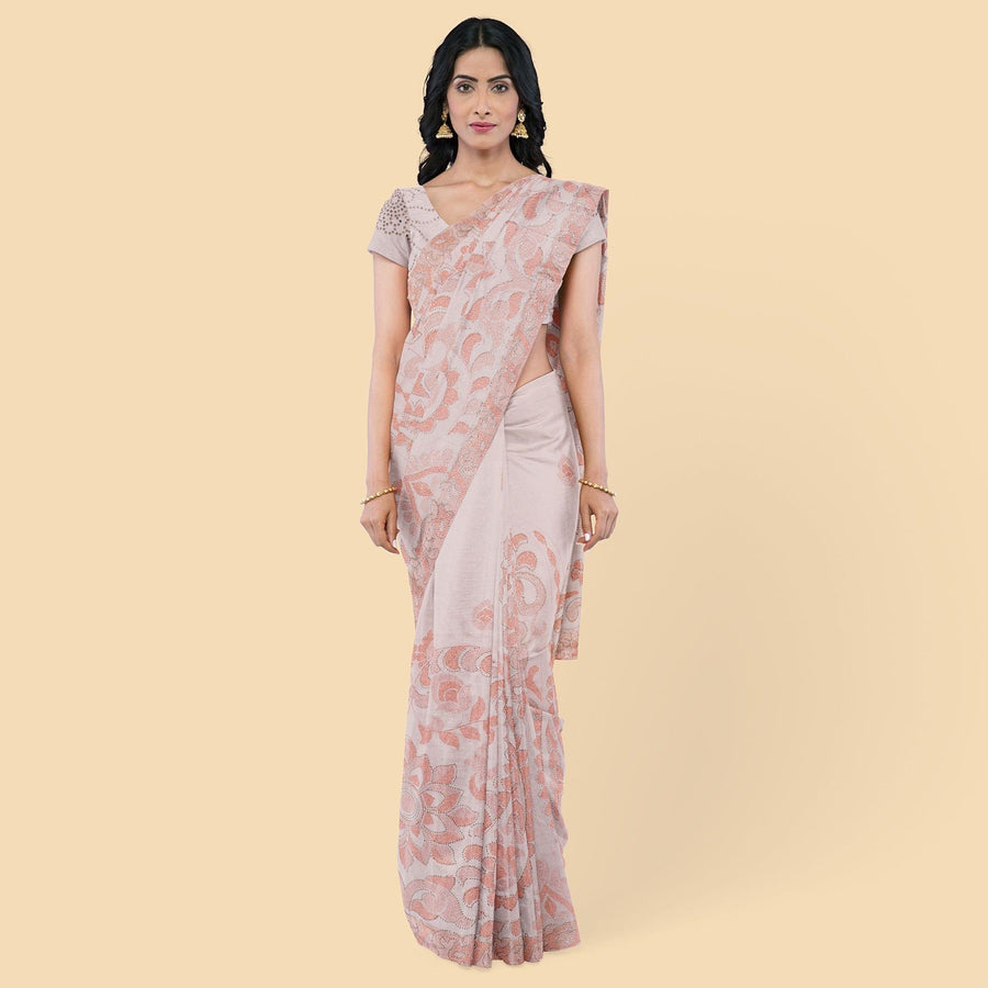 ساري جورجيت حرير الخوخ الخفيف بنفس اللون، تطريز خوخ مع عمل حجري بتصميم فاخر-D12802