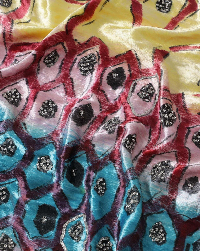 Baby pink to light laguna yellow Rayon velvet fabric with metallic silver Appliques and sequins in Abstract design